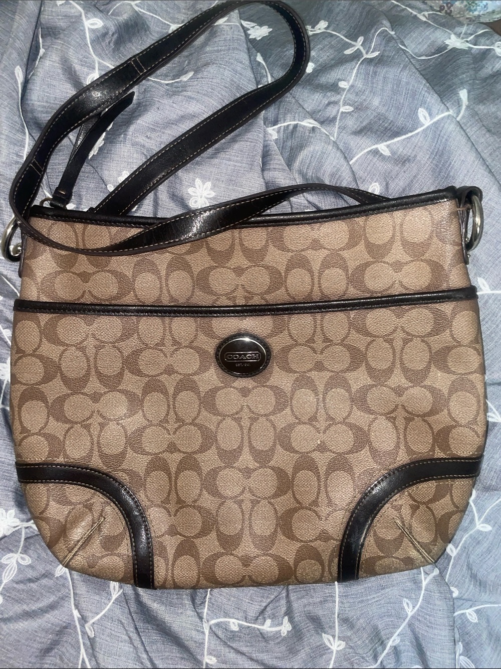 Coach Brown Signature Canvas Shoulder Bag with Dark Trim